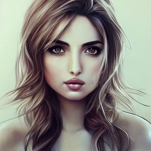 Prompt: very beautiful female ana de armas, smiling, flirty, eye contact, perfect face, perfect body, drawn by artgerm