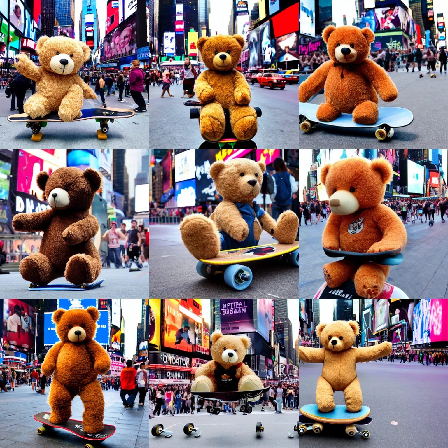 Prompt: a teddy bear on top of a skateboard in times square