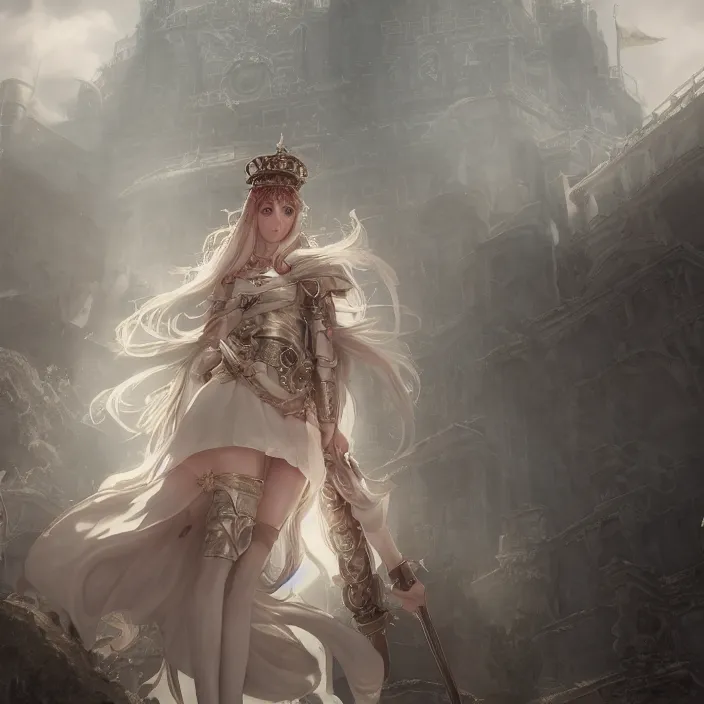 Image similar to epic character portrait princess of the white herald on an imperial castle, hidari, color page, tankoban, 8 k, tone mapping, akihiko yoshida, cinematic lighting, elegant, digital painting, artstation, haze, sharp focus, dramatic, haze, moody lighting