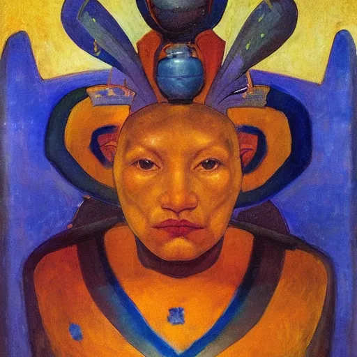 Prompt: the crown of bees, by Annie Swynnerton and Nicholas Roerich and Diego Rivera, blue skin, elaborate costume, geometric ornament, rich color, dramatic cinematic lighting, smooth, sharp focus, extremely detailed