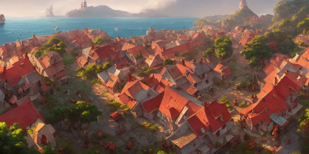 Image similar to Cozy small village on a cape, red roofs, fishing boats, view from above. In style of Greg Rutkowski, Jesper Ejsing, Makoto Shinkai, trending on ArtStation, fantasy, great composition, concept art, highly detailed, scenery, 8K, Behance.