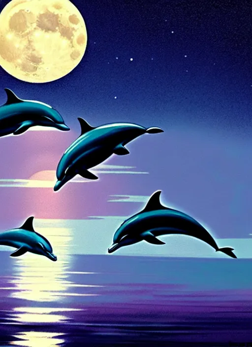 Prompt: dolphins jumping out of the ocean, full moon, night stars, pastel colors, wallpaper aesthetic, beautiful, cinematic, dramatic, super detailed and intricate, 4 k render, by koson ohara, by darwyn cooke, by satoshi kon