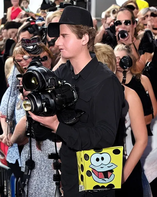 Prompt: Paparazzi photographers a terrified SpongeBob SquarePants at his movie premiere, photorealistic