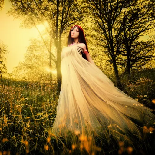 Image similar to photo of an extremely beautiful woman in ornate gown in an endless ethereal meadow, 4 k, hdr, smooth, sharp, focus, hyper realistic, high resolution, award - winning photo, bokeh, graflex camera, super resolution