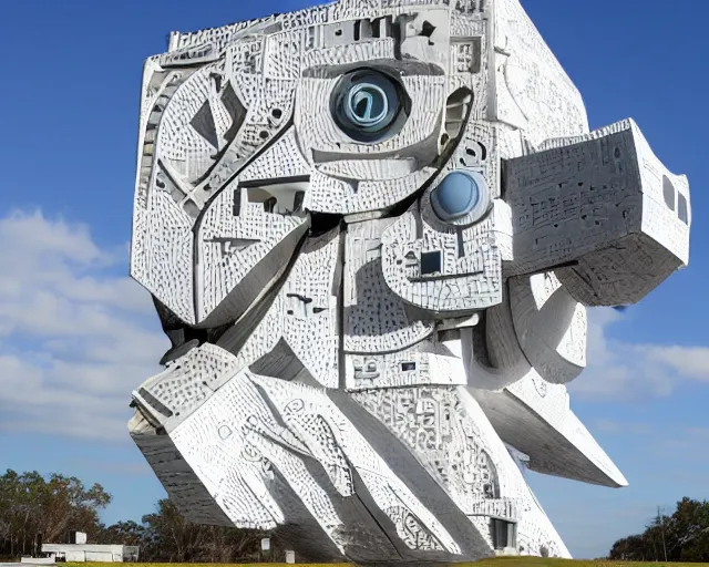 Prompt: photo of minimalist abstract cubist sculpture of curvy spaceship with random small mecha mayan decorations, covered with few large white airplane parts with windows and doors, as a large relief mural