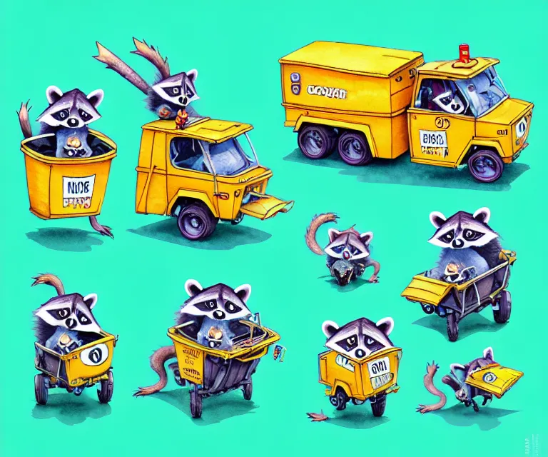 Image similar to cute and funny, racoon wearing goggles driving a tiny garbage truck, ratfink style by ed roth, centered award winning watercolor pen illustration, isometric illustration by chihiro iwasaki, edited by craola, tiny details by artgerm and watercolor girl, symmetrically isometrically centered