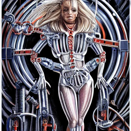 Prompt: britney spears encased in biomechanical machine, heavy conduits, complex scene, rich composition, heavy in detail, corruption, smooth, sharp focus, airbrush, illustration, symmetrical, art by h. r. giger