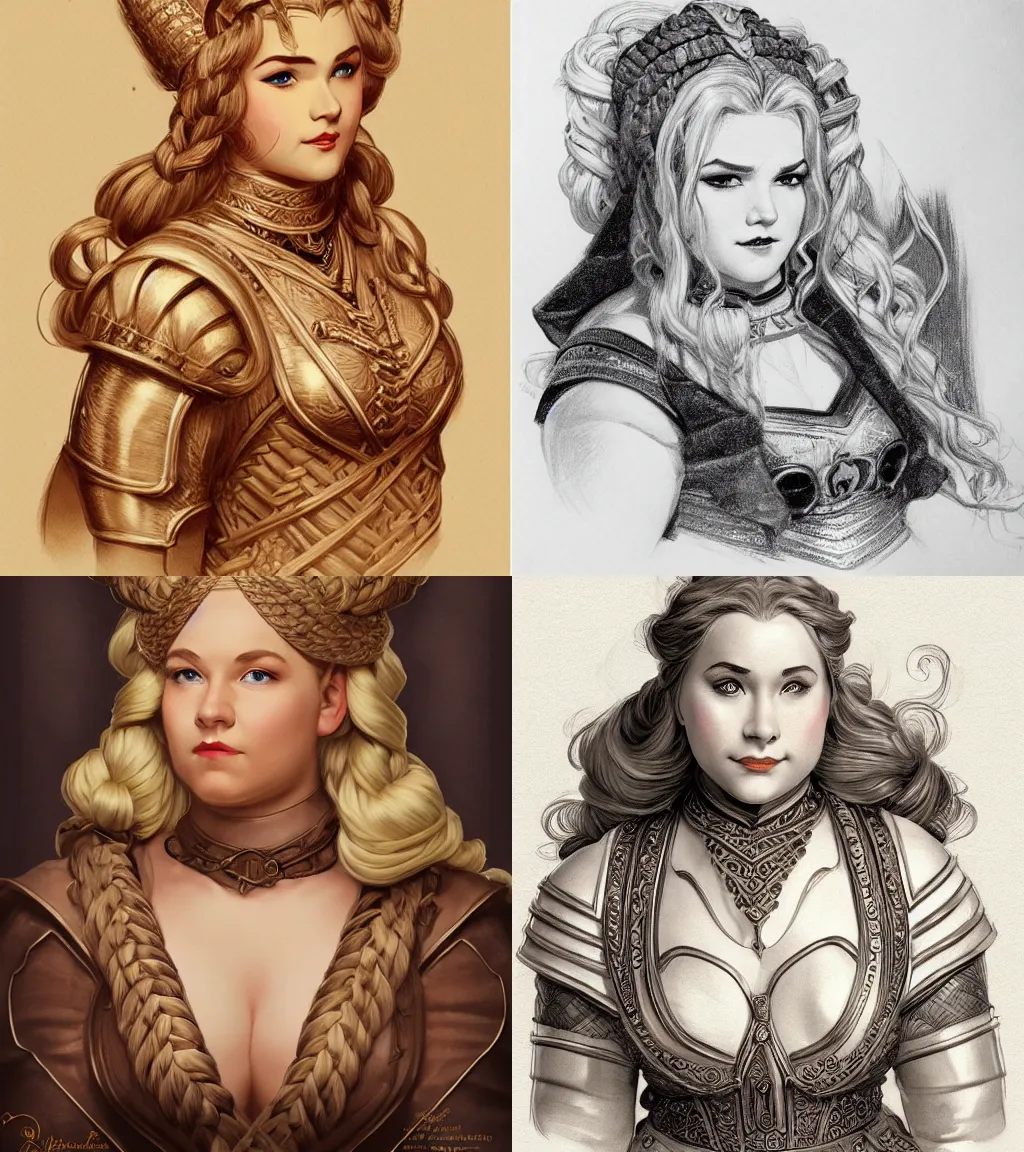 Prompt: plump female dwarven noblewoman | complex blonde braided hairstyle | hyperdetailed | pencil sketch | J.C leyendecker | waist-up portrait | dungeons and dragons |