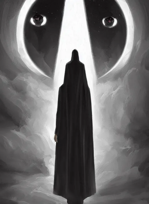 Prompt: a figure wearing a black robe, white glowing eyes, fantasy art, sci - fi, alena aenami and gertrue abercrombie, digital art