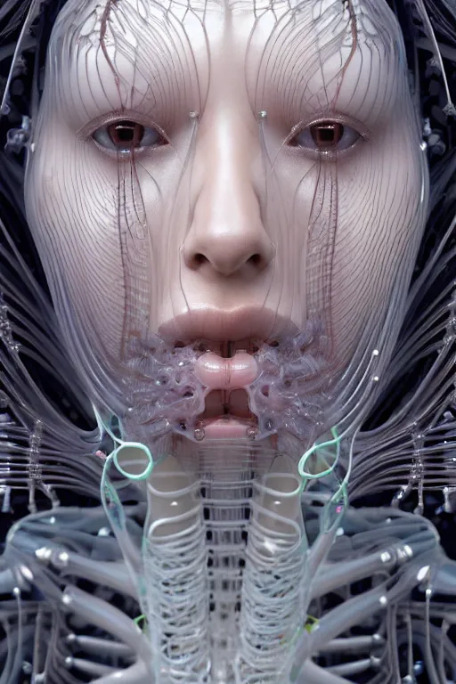 Image similar to iris van herpen, beautiful woman asian face, perfect symmetrical body, full body shot, inflateble shapes, wires, tubes, veins, jellyfish, white biomechanical details, wearing epic bionic cyborg implants, masterpiece, intricate, biopunk, vogue, highly detailed, artstation, concept art, cyberpunk, octane render