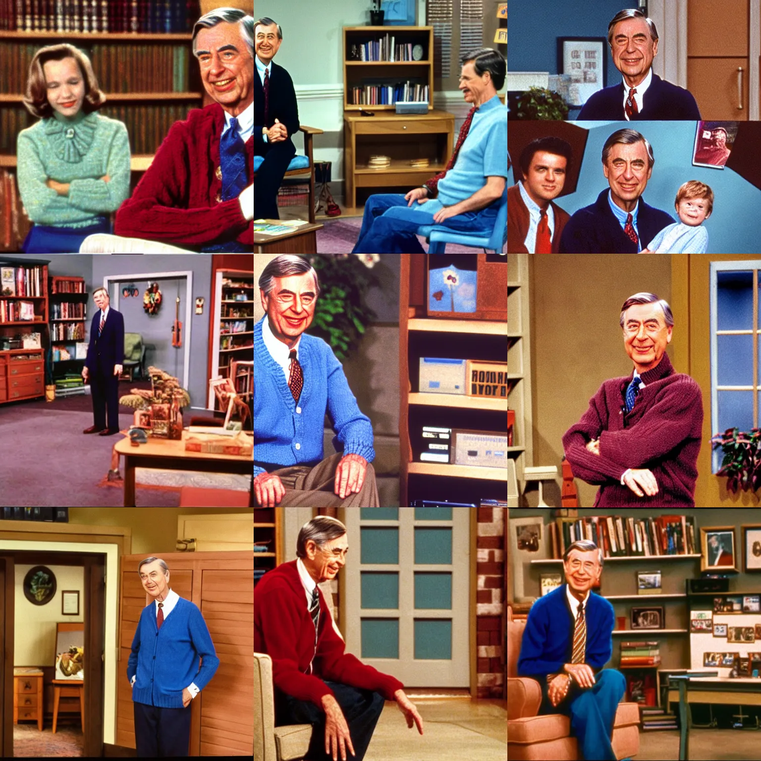 Prompt: set photo of mr. rogers in the backrooms ; vhs footage ; nostalgic ; unnerving