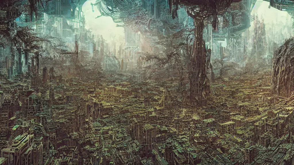 Image similar to very detailed masterpiece, epic prophet graphic novel, ilya kuvshinov, mcbess, rutkowski, simon roy, illustration of space dystopian jungle forest metropolis planet, illustration of decrepit cyberpunk arcologic ruins, event horizon in the sky, wide shot, colorful, deep shadows, astrophotography, hyperdetailed, cybernetics, cryengine, realistic shaded lighting, sharp focus