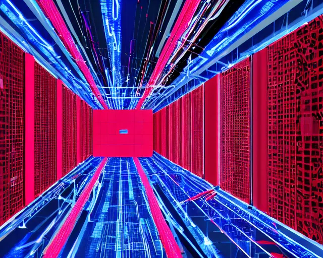 Image similar to datacenter protected by red laser trip - wires, server in the middle, deep view, heavy blue led lights, wires connected, award winning, extremely detailed, artstation, 8 k, incredible art