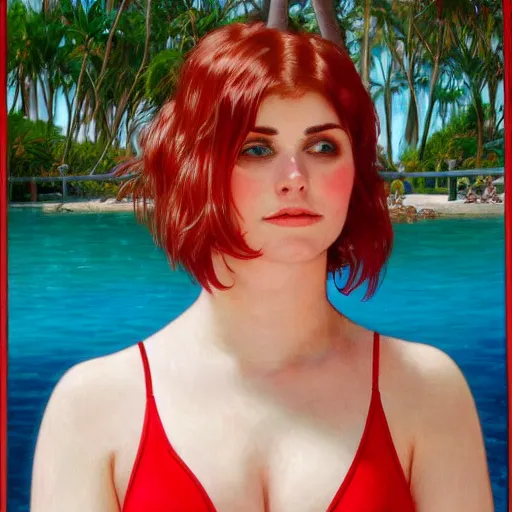 Prompt: portrait of cute 2 0 years old slightly obese courtney cox in red swimsuit running on a beach, intricate, hyperdetailed, photorealistic, diffuse lighting, hdrp, artstation, unreal 5, smooth, textless, sharp focus, art by john collier, albert aublet, krenz cushart, artem demura, alphonse mucha