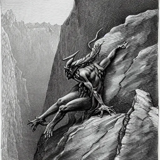 Prompt: a demon crawling up from a canyon, highly detailed, in the style of Gustave Dore