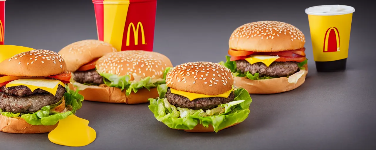 Prompt: 3 juicy burgers from a fast food restaurant, depth of field, food photography, isometric, tasty, mcdonalds, wide shot, studio, bokeh, gmaster, cooking, food, kodak, sony, canon
