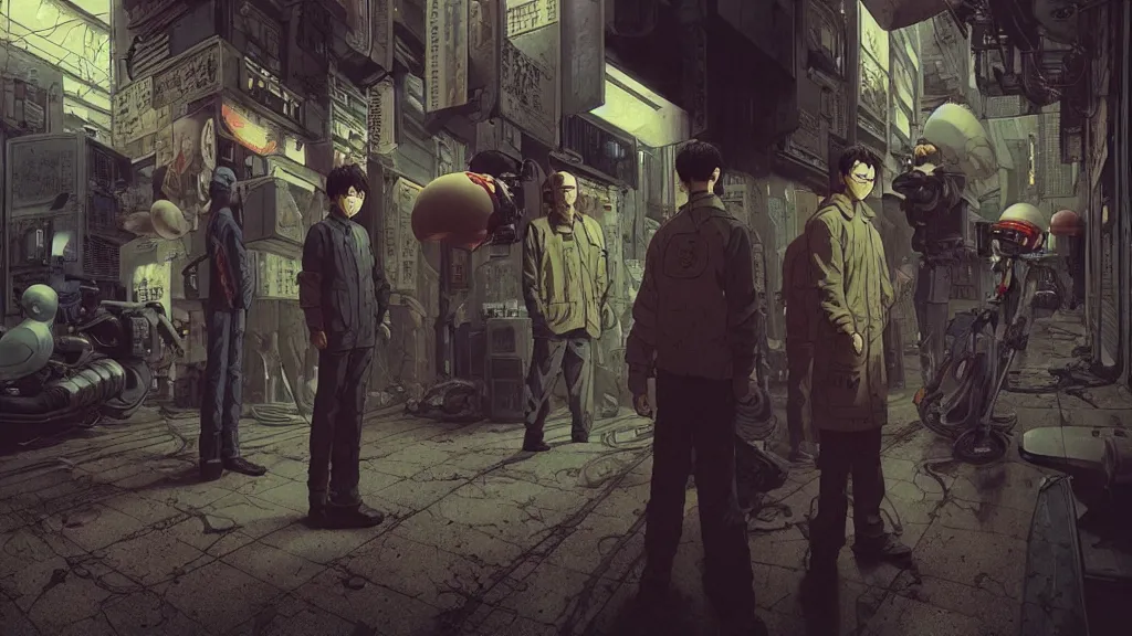 Image similar to realistic aesthetic highly detailed photography of characters in akira scene, characters with hyperrealistic highly detailed faces. from akira by katsuhiro otomo and alejandro hodorovski and denis villeneuve and gregory crewdson style with many details by mike winkelmann and vincent di fate in sci - fi style. volumetric natural light hyperrealism photo on dsmc 3 system