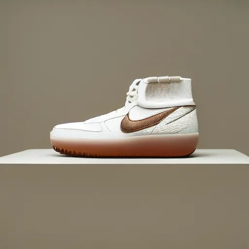 Image similar to a studio photoshoot of Nike sneakers designed by Tom Sachs, cream leather with knitted mesh material, gum rubber outsole, realistic, color film photography by Tlyer Mitchell, 35 mm, graflex