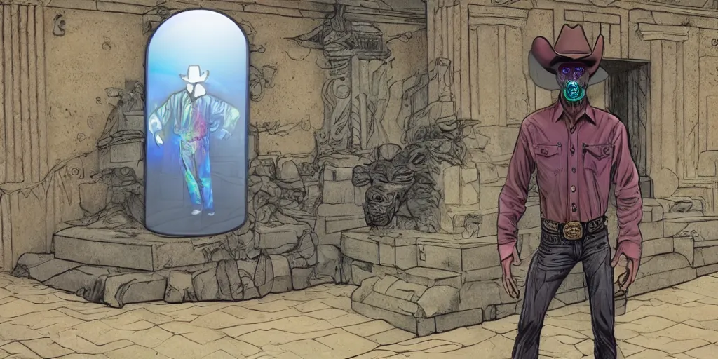 Prompt: holographic ghost cowboy in front of a tomb in the art style of Glenn Fabry