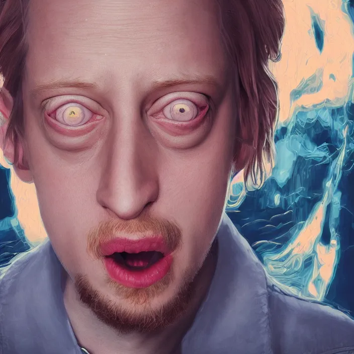 Image similar to portrait of macaulay culkin, getting schwifty. intricate artwork. octane render, trending on artstation, very coherent symmetrical artwork. Rick & morty. cinematic, high detail, octane render, 8k, iridescent accents