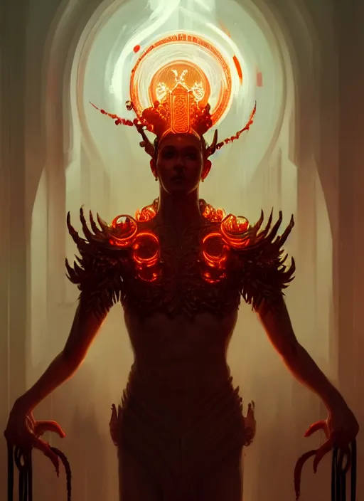 Image similar to portrait of sek the seven handed god of blood and death, intricate, elegant, glowing lights, highly detailed, digital painting, artstation, concept art, smooth, sharp focus, illustration, art by wlop, mars ravelo and greg rutkowski