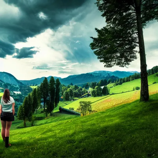 Image similar to a beautiful photograph of a girl with switzerland landscape in the background with trees, hdr, 8 k, high quality, sharp focus, artstation, highly detailed, award - winning, dramatic lighting, beautiful clouds, and nature