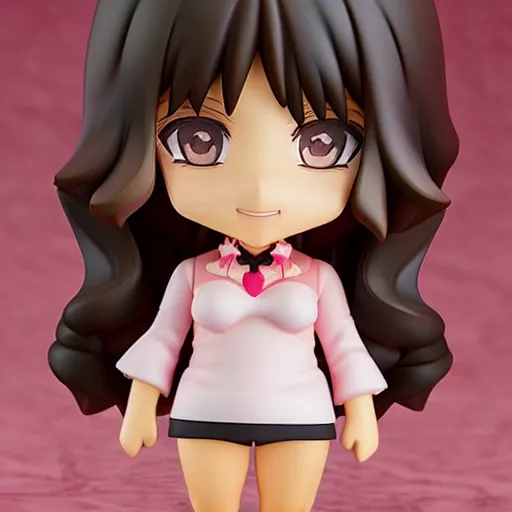 Image similar to nendoroid of a tan middle aged woman with dark long wavy hair, brown eyes, pink lipstick