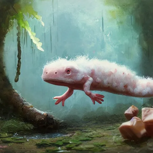Image similar to Cute adorable sweet marshmallow axolotl crawling from a cacao swamp, salamander, candy world, oil painting, by Greg Rutkowski