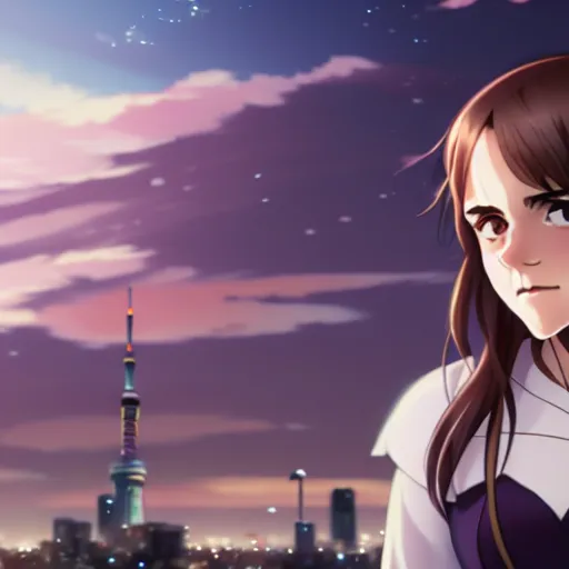 Image similar to portrait emma watson in heavens feel movie, tokyo, ufotable, kyoani, high quality, key visual, cinematic, city background, night time, rooftop, fate stay night, unlimited blade works, greg rutkowski, high resolution, street clothes, anime, high budget