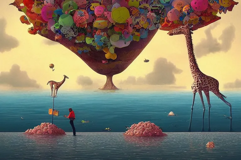 Image similar to surreal glimpse into other universe, floating island in the sky, sky, sea, wind, giraffe, summer morning, very coherent and colorful high contrast, art by!!!! gediminas pranckevicius!!!!, geof darrow, dark shadows, hard lighting