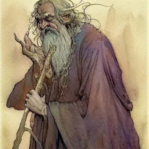 Prompt: a simple and atmospheric watercolour fantasy character concept art portrait of an old and wise wizard, very muted colors, by rebecca guay, michael kaluta, charles vess and jean moebius giraud