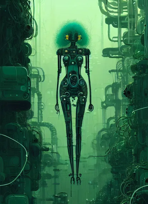 Image similar to highly detailed portrait of a biopunk cyborg long curly white hair tribal lady, stray wiring by atey ghailan, james gilleard, by joe fenton, by greg rutkowski, by greg tocchini, by kaethe butcher, 4 k resolution, gradient green, black and white color scheme!!! ( ( forested robotic dense jungle background ) )