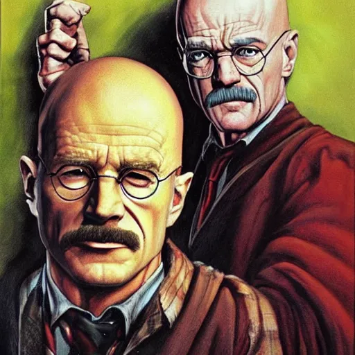 Image similar to Harry Potter and Walter White, artwork by Earl Norem,