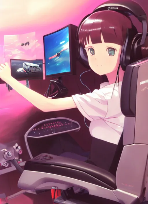 Prompt: portrait of cute girl driving on simracing simulator, personal room background, illustration concept art anime key visual trending pixiv fanbox by wlop and greg rutkowski and makoto shinkai and studio ghibli and kyoto animation, fanatec peripherals, playseat evolution, symmetrical facial features, gaming chair, ferrari, thrustmaster ts pc racer, gaming monitor