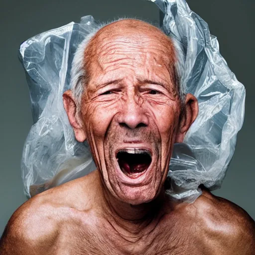 Image similar to a photographic portrait of a rugged elderly man, screaming, behind plastic wrap by Martin Schoeller