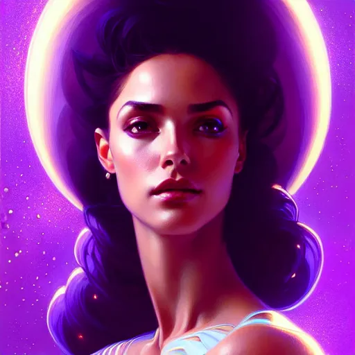 Image similar to Portrait of very very very very very very beautiful Latina woman, spacesuit, purple eyes, intricate, elegant, highly detailed, digital painting, artstation, concept art, smooth, sharp focus, illustration, art by artgerm and greg rutkowski and alphonse mucha