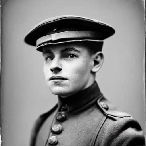 Image similar to World War 1 soldier with horrified expression, portrait, black and white photography