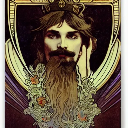 Image similar to a close up man with small mustache and small beard by louis - theophile hingre and alphonse mucha, realistic, sharp focus, zodiac signs, tarot cards, planets, ethereal, art nouveau, magic, moon, sun, crown, dreamy, royal, jewellery