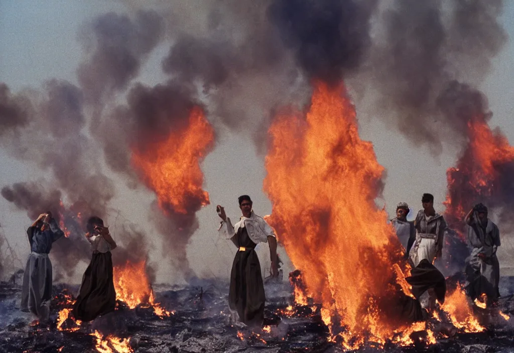 Image similar to fashion editorial in Kuwait oil fields burning fire burning. 1991. highly detailed. depth of field. high definition. 8k. photography.