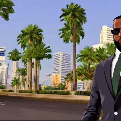 Image similar to Lebron James wearing a suit in GTA V . Los Santos in background, palm trees. in the art style of Stephen Bliss