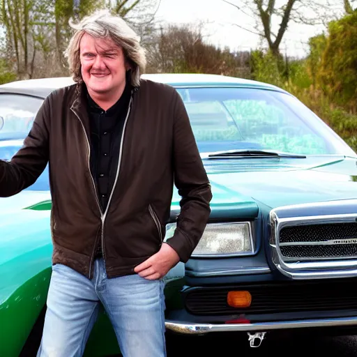 Prompt: James May proudly drives a Bobby Car