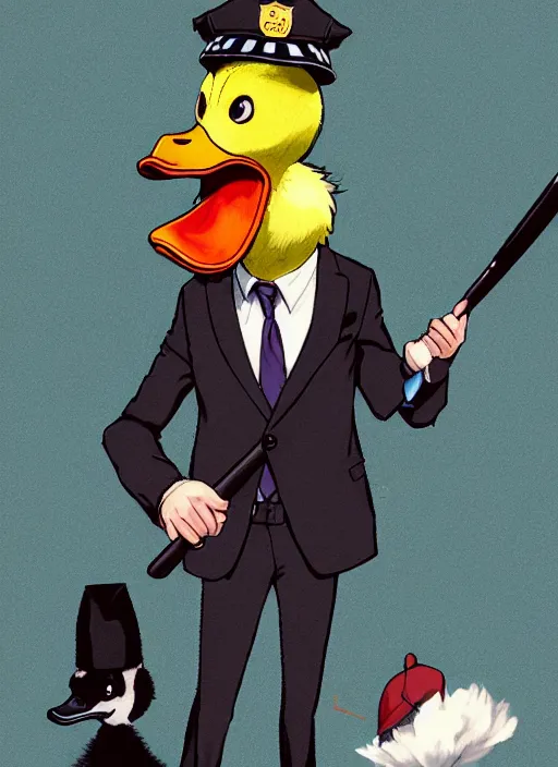 Image similar to commissioned full body portrait of a male anthro duck fursona with a duck head wearing a nice black suit and a fedora holding a baseball bat sitting on the hood of a police patrol car in a baseball stadium, by a professional manga illustrator, Stanley Artgerm Lau, WLOP, Rossdraws, James Jean, Andrei Riabovitchev, Marc Simonetti, and Sakimichan, trending on artstation