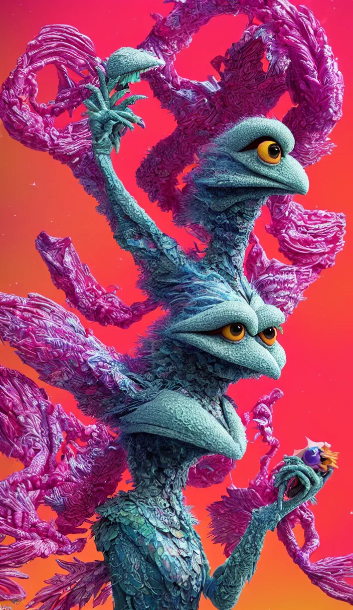 Prompt: hyper detailed 3d render like a Oil painting - kawaii portrait of four Aurora (a beautiful skeksis muppet fae queen from dark crystal that looks like Anya Taylor-Joy) seen red carpet photoshoot in UVIVF posing in scaly dress to Eat of the Strangling network of yellowcake aerochrome and milky Fruit and His delicate Hands hold of gossamer polyp blossoms bring iridescent fungal flowers whose spores black the foolish stars by Jacek Yerka, Ilya Kuvshinov, Mariusz Lewandowski, Houdini algorithmic generative render, Abstract brush strokes, Masterpiece, Edward Hopper and James Gilleard, Zdzislaw Beksinski, Mark Ryden, Wolfgang Lettl, hints of Yayoi Kasuma and Dr. Seuss, octane render, 8k