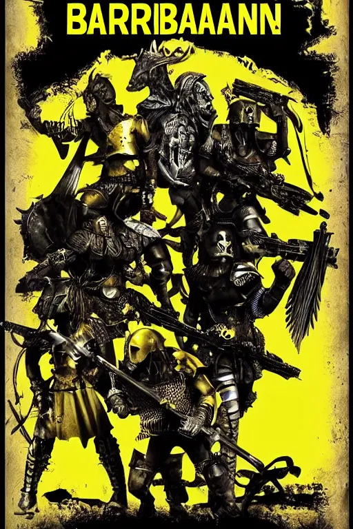 Image similar to armored barbarians, loaded with weapons and animal skulls, horror sci - fi black and yellow poster