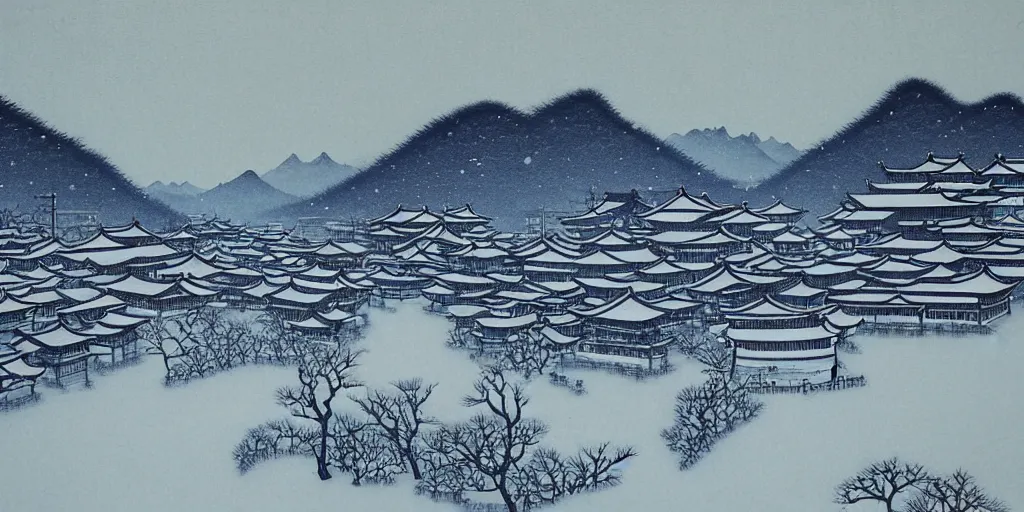 Prompt: chinese town in winter moonnight by masayasu uchida