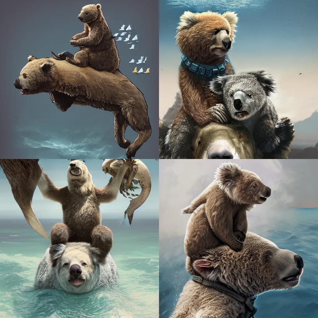 Prompt: Joe biden riding a bear with a koala on his neck in a ocean full of sharks, hyperdetailed, artstation, cgsociety, 8k