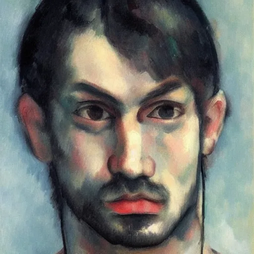 Prompt: A sad, melancholic, expressionless face that is trying to hold in anger, male face, tears, dark aesthetic, can\'t escape the sad expression, digital, realistic eyes, trending on artstation, art by Paul Cezanne