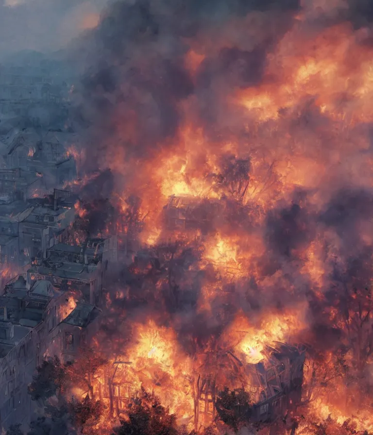 Image similar to a beautiful hyperrealistic detailed 3D render of a burning school, by Anton Otto Fischer, Atey Ghailan, genzoman, unreal engine, octane render, gigantic, 3D, brilliantly coloured, intricate, ultra wide angle, trending on artstation, embers, smoke, dust, dusk, volumetric lighting, HDR, polished, micro details, ray tracing, 8k