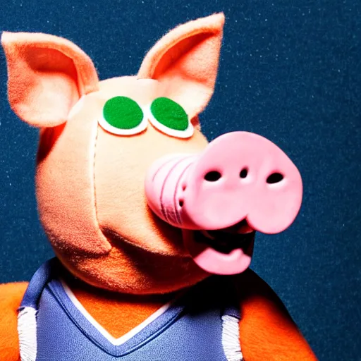 Image similar to studio photograph of a pig wearing a football helmet depicted as a muppet