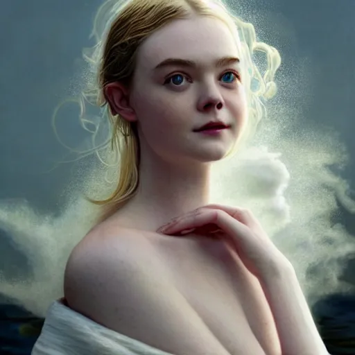 Prompt: Elle Fanning in a black robe holding fire on the beach, head and shoulders portrait, stormy weather, extremely detailed masterpiece, Roger Deakin’s cinematography, oil on canvas, Johannes Vormeer,